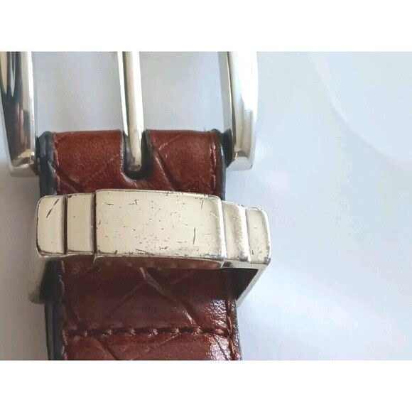 Tasso Elba Leather Belt Size 42 Brown Embossed Unisex Chrome Buckle Men Women - Picture 10 of 10